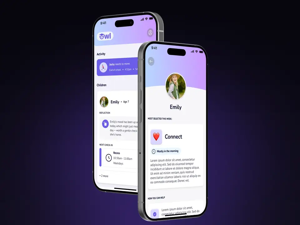 Owl parenting app screens showing activity, reflections and check-ins