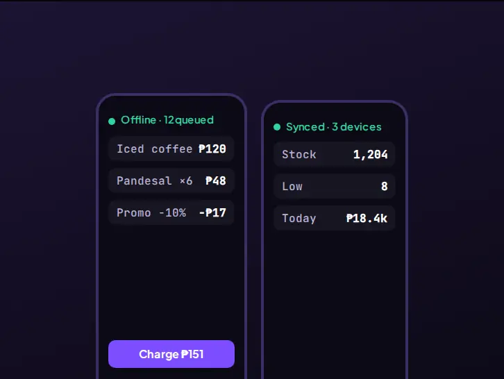 Two phone screens showing an offline POS and synced inventory