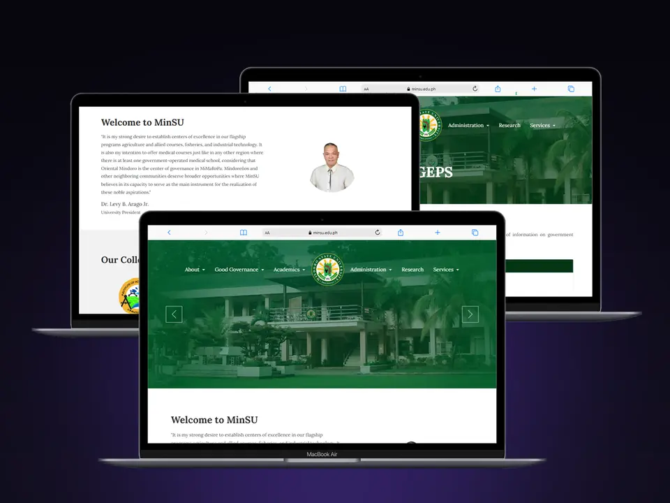 Mindoro State University website pages on laptops