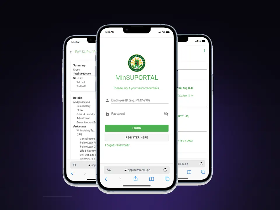 MinSU Portal employee login and payslip screens on phones
