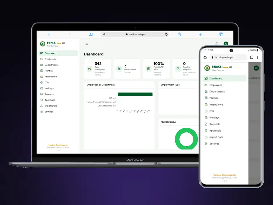 MinSU HRIS and payroll admin dashboard on laptop and phone